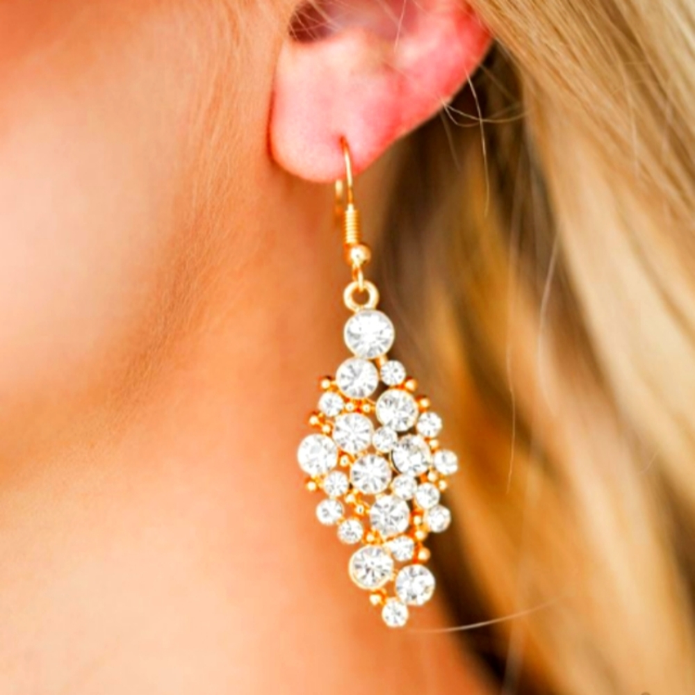 Cosmically Chic Gold Rhinestone Cluster Drop Earrings